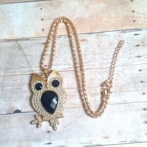 Black & Gold Bejeweled Owl Necklace